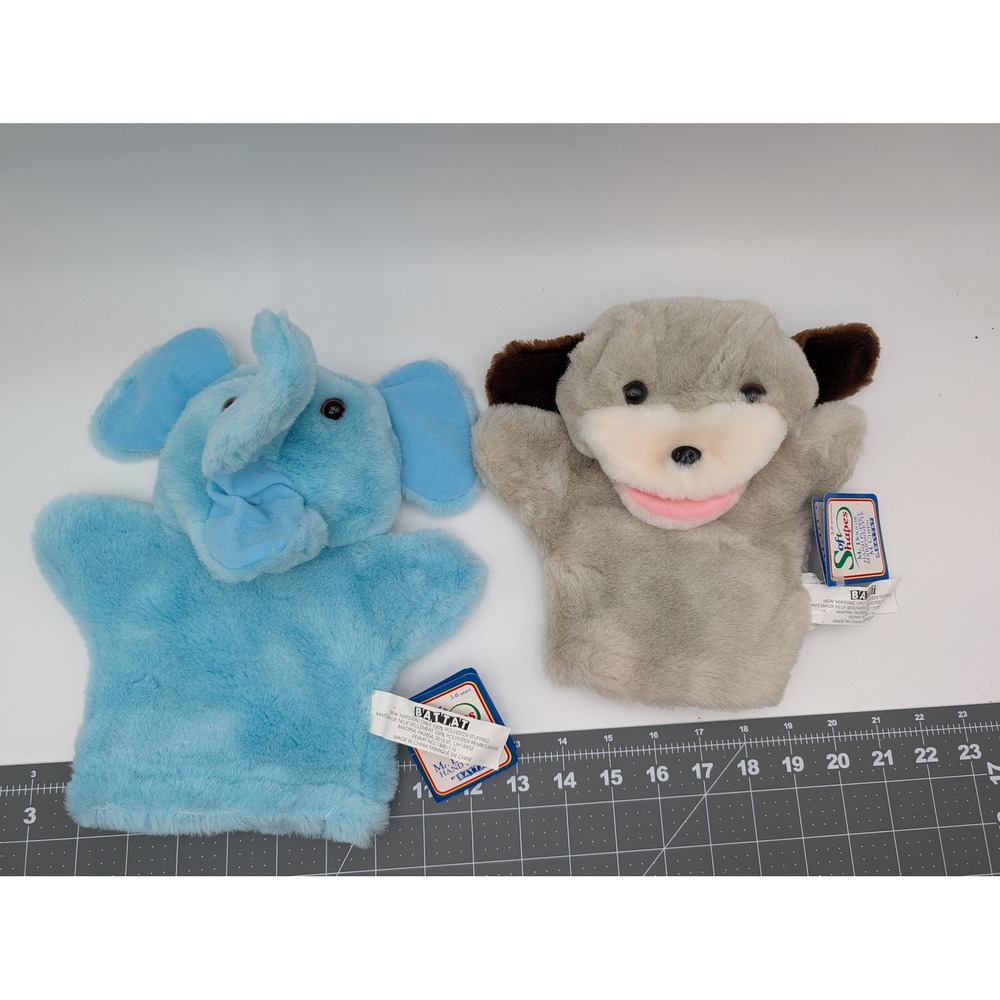 Battat Soft Shapes Hand Puppet Plush Blue Elephant Gray Dog Doggie Lot of 2 Toy